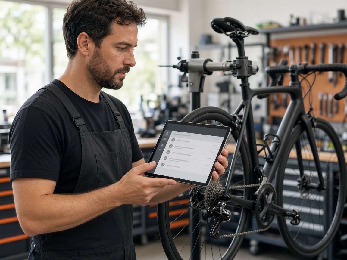 Mecânico conferindo uma bike na oficina com tablet de ordem de serviço
